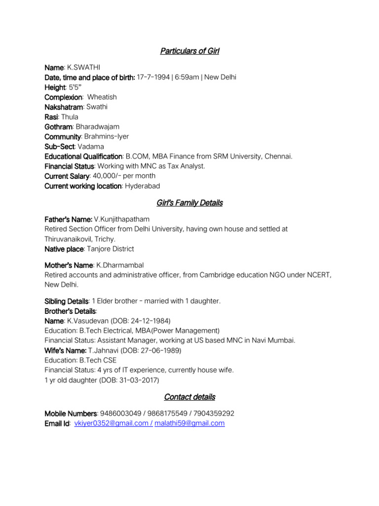 K. Swathi's Matrimonial Profile | PDF