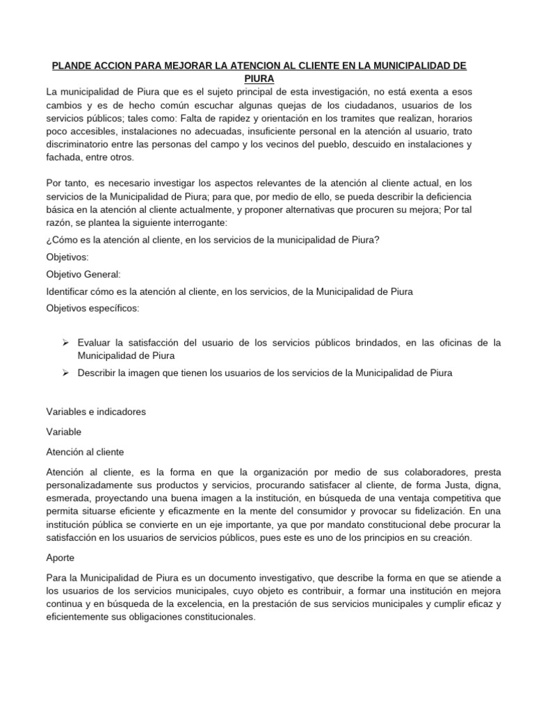 Mejora de Atención al Cliente en Piura | PDF | Servicio al Cliente ...