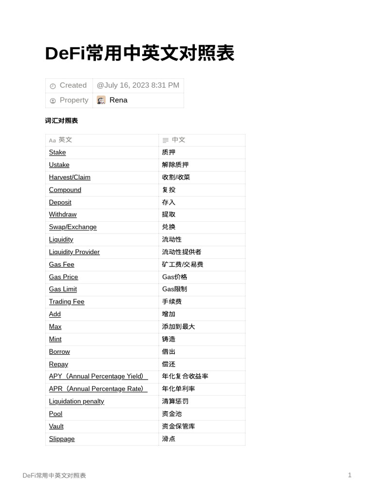 18 DeFi常用中英文对照表| PDF