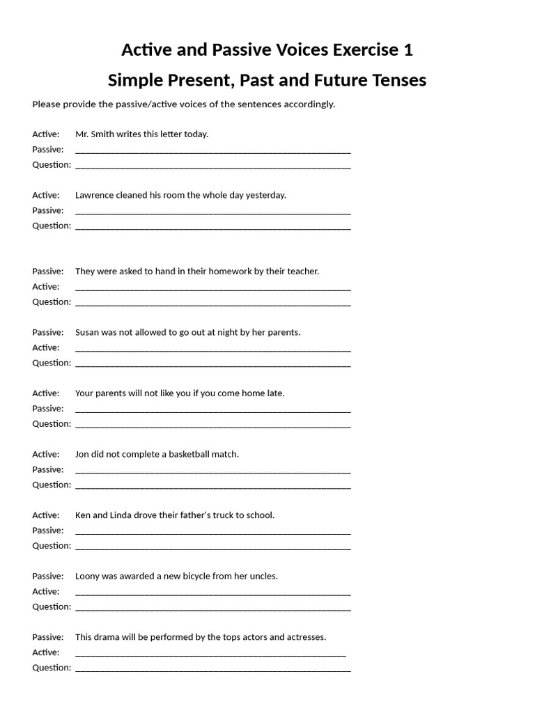 Active and Passive Voices Exercise 1 | PDF | Linguistic Morphology ...