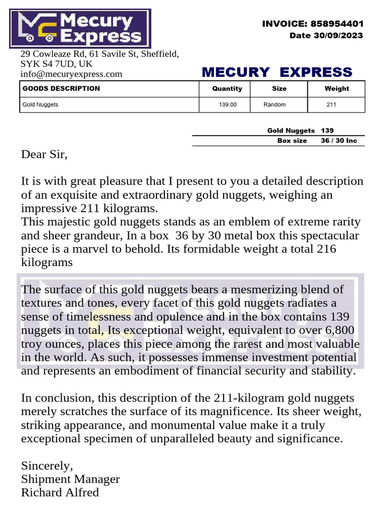 211 kg Gold Nuggets Invoice Details | PDF