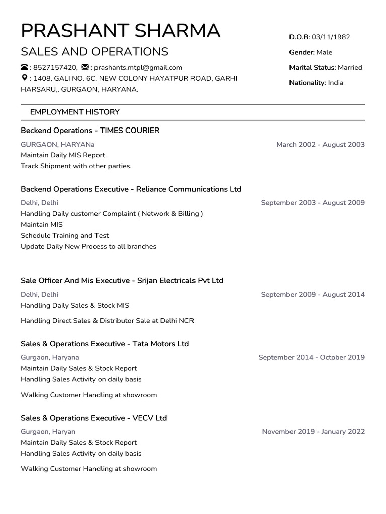 Prashant Sharma: Sales & Operations Expert | PDF