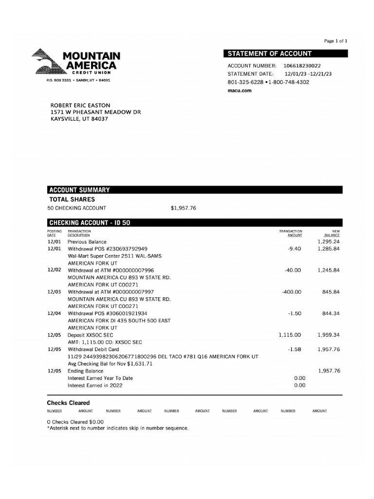 Mountain America CU Statement Nov 2023 Robert Easton s 00001 Копия | PDF