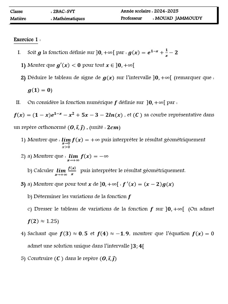 Mathématiques 2BAC-SVT : Exercices et Solutions | PDF | Fonction ...