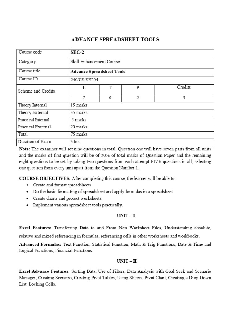 Advanced Spreadsheet Tools Course Overview | PDF | Spreadsheet ...