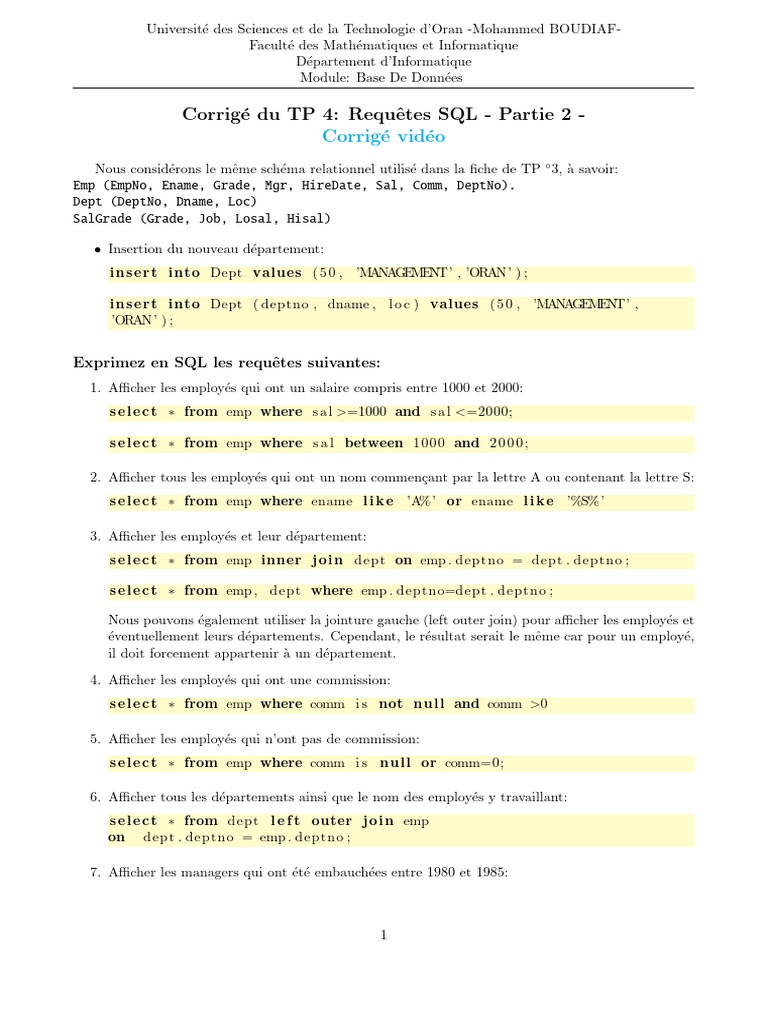 Corrigé TP SQL : Requêtes et Exemples | PDF | Données | Bases de données
