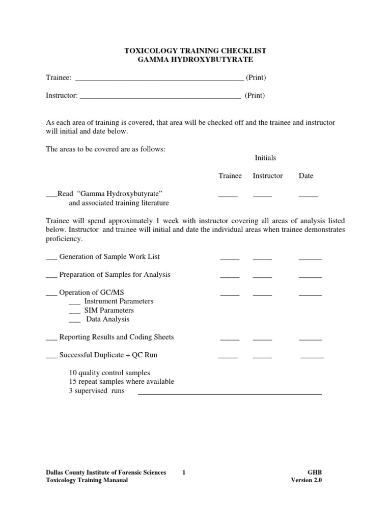 GHB Toxicology Training Checklist | PDF | Data Analysis | Scientific Method