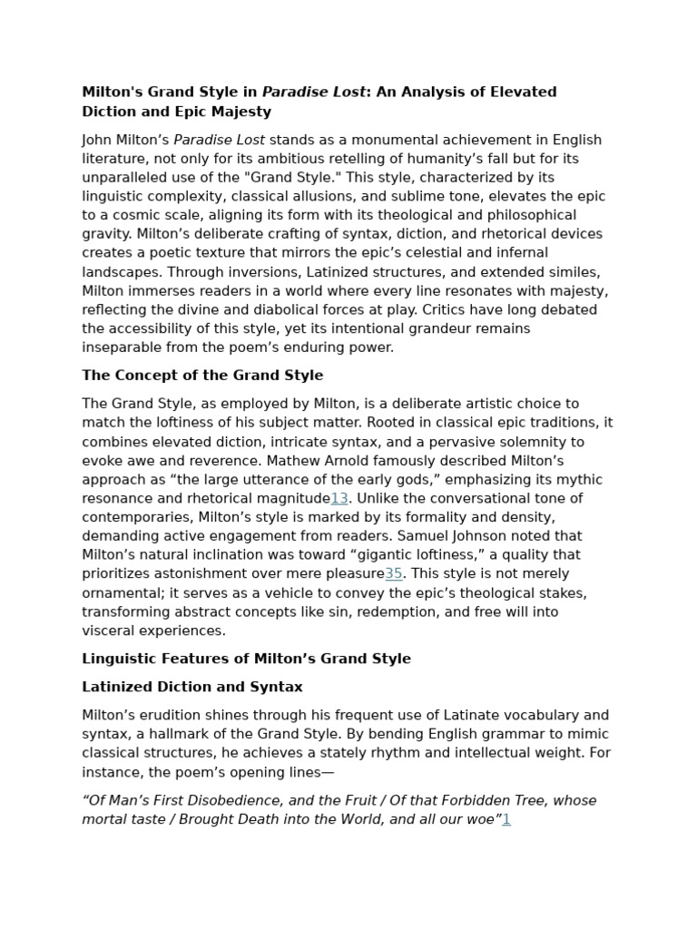 Milton's Grand Style in Paradise Lost | PDF | Paradise Lost | Poetry
