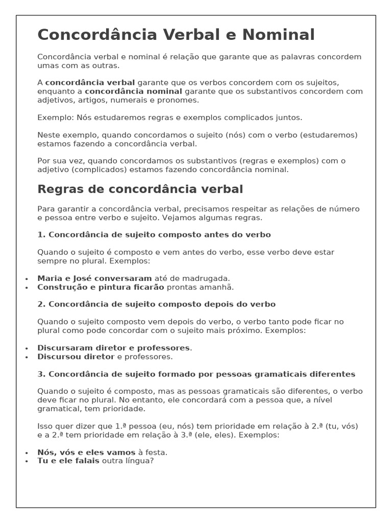 Regras de Concordância Verbal e Nominal | PDF | Pronome | Assunto ...