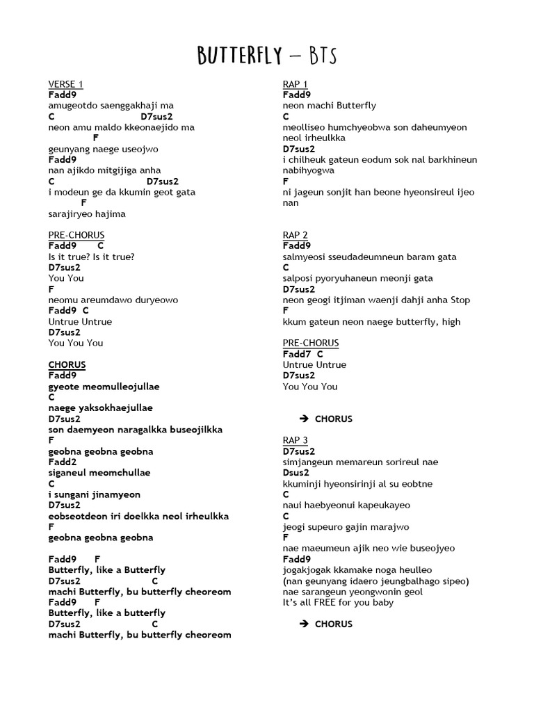 Butterfly BTS Chords and Lyrics | PDF | Songs | Musical Forms