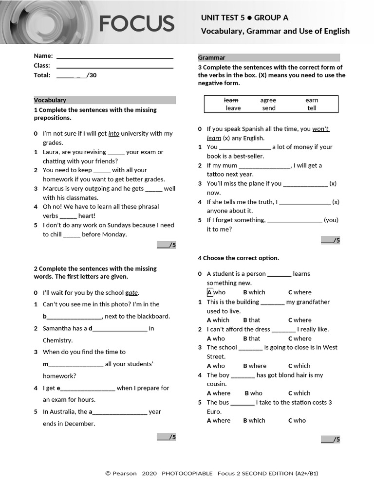 Focus2_2E_Unit_Test_Vocabulary_Grammar_UoE_Unit5_GroupA | PDF | English ...