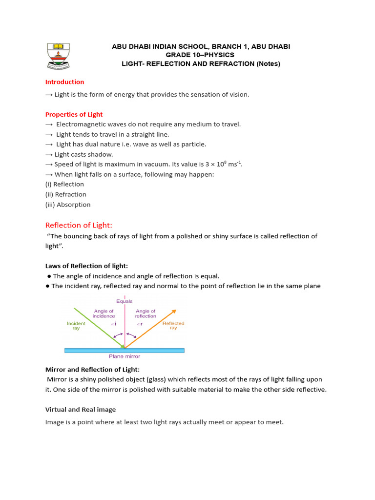 Light Reflection and Refraction (Notes) - 2025-26 | PDF | Mirror | Sphere