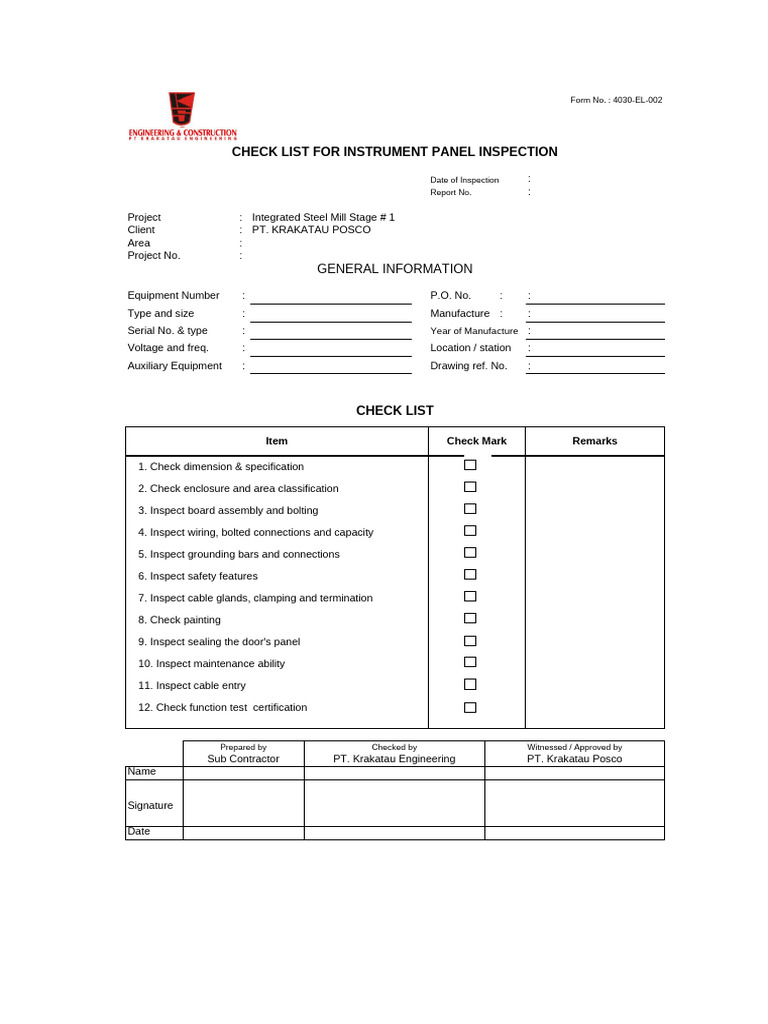 Instrument Panel Inspection Checklist | PDF