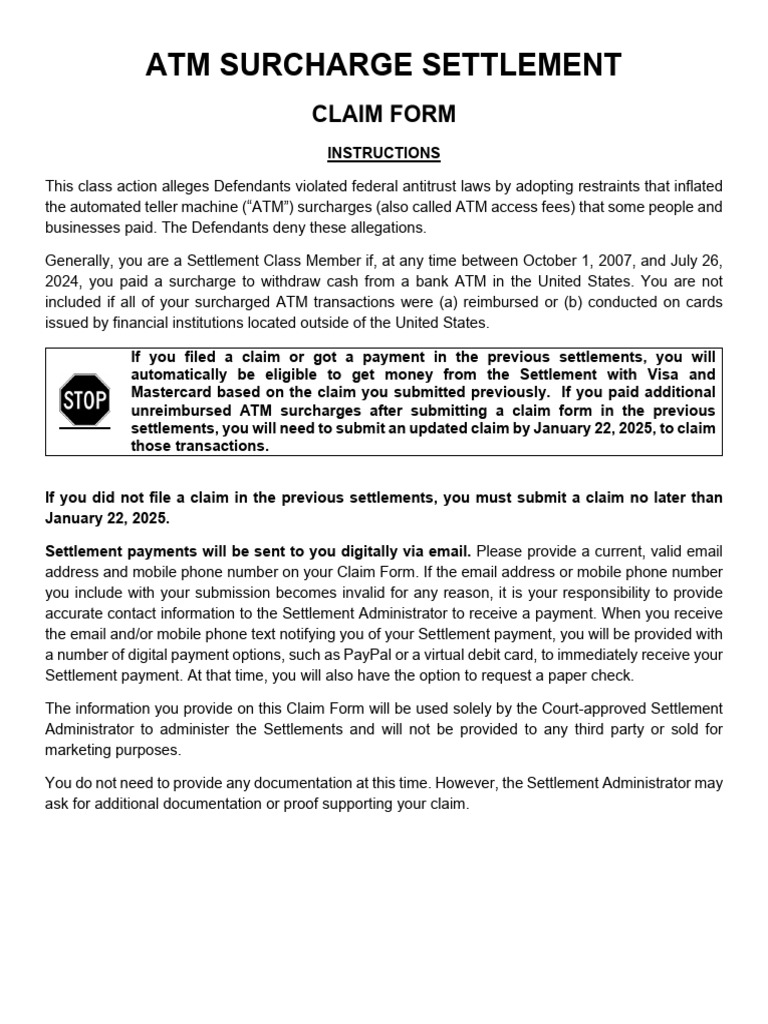 ATM Surcharge Settlement Claim Form | PDF | Automated Teller Machine ...