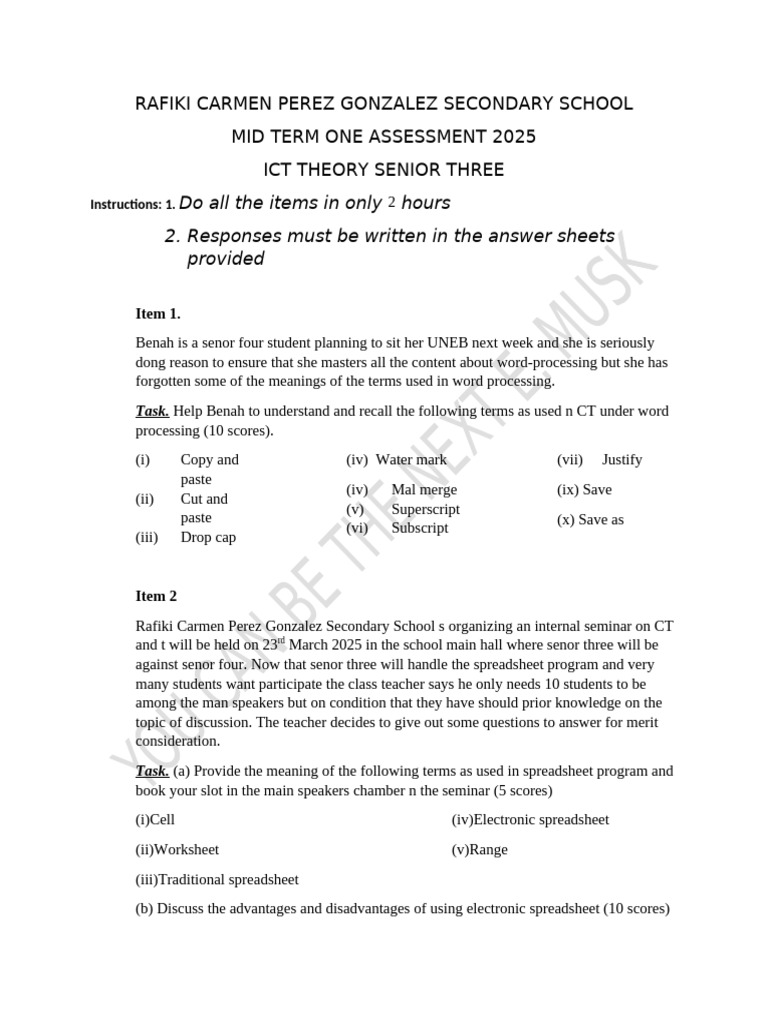 ICT Theory Assessment for Senior Three | PDF