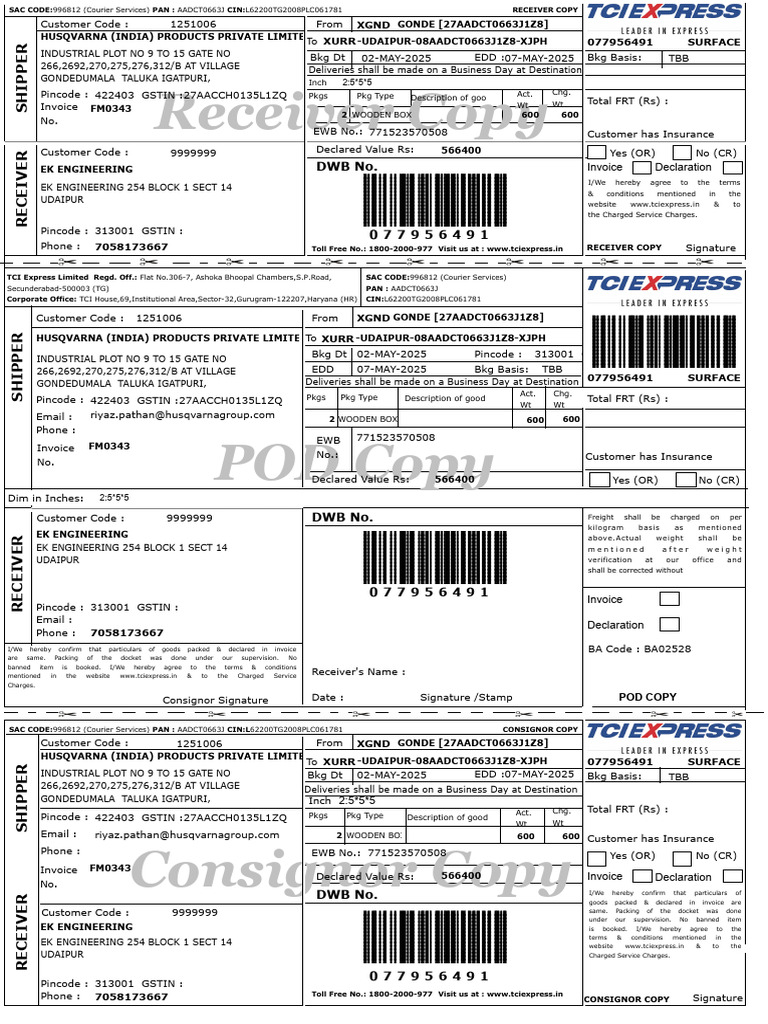 TCI Express Shipping Document Summary | PDF