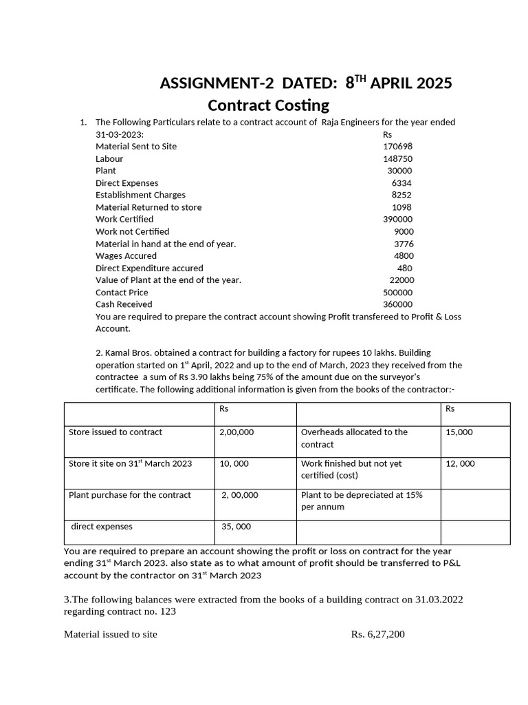 Contract Costing Analysis and Profit Calculation | PDF | Expense ...