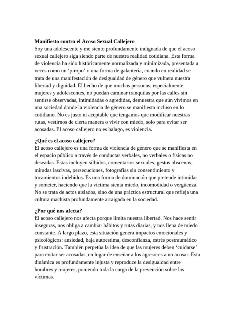 Manifiesto contra el Acoso Callejero | PDF | Acoso sexual | Violencia