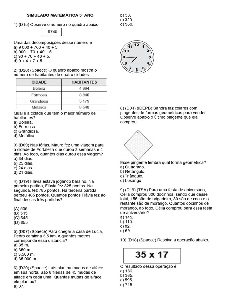 Simulado de Matemática 5º Ano SPAECE | PDF | Geometria Elementar
