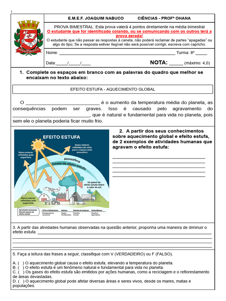 ADAPTADA Prova Ciências (3 Cópias) | PDF | Efeito estufa | Aquecimento ...