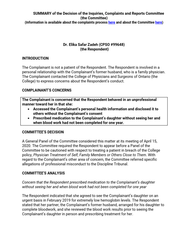 CPSO Decision on Dr. Safar Zadeh's Conduct | PDF | Medicine | Health Care