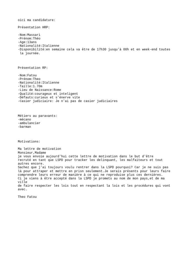 Candidature de Théo Massari pour LSPD | PDF