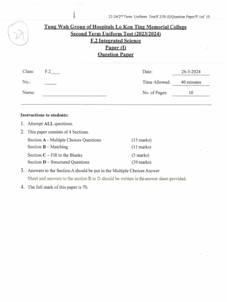 Form 2 Science Past Paper1 Second Ut Pdf