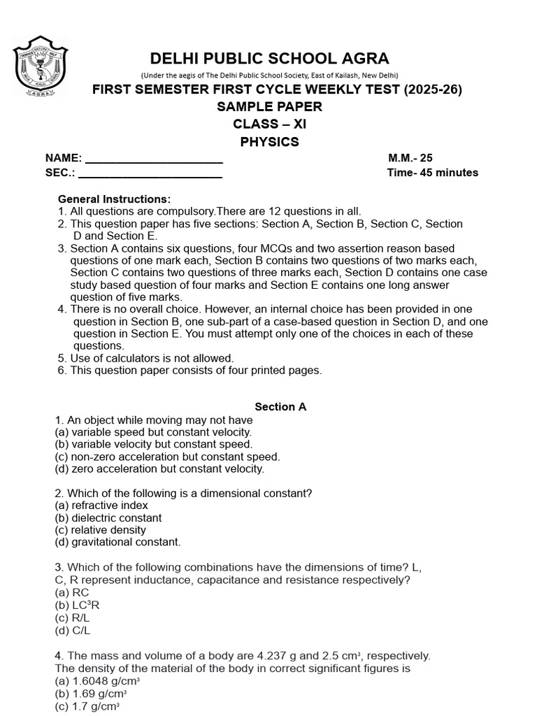 Motion Sample Paper Class XI | PDF | Mass | Velocity