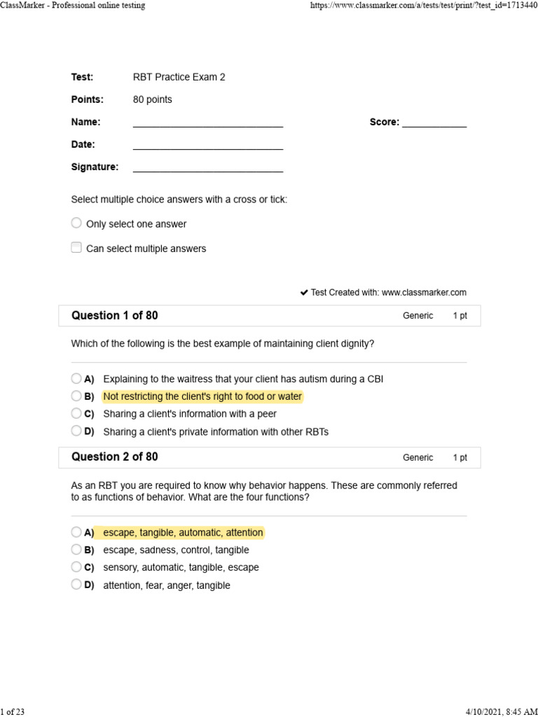 RBTPractice Exam 2 Answerkey | PDF | Reinforcement | Behavioural Sciences