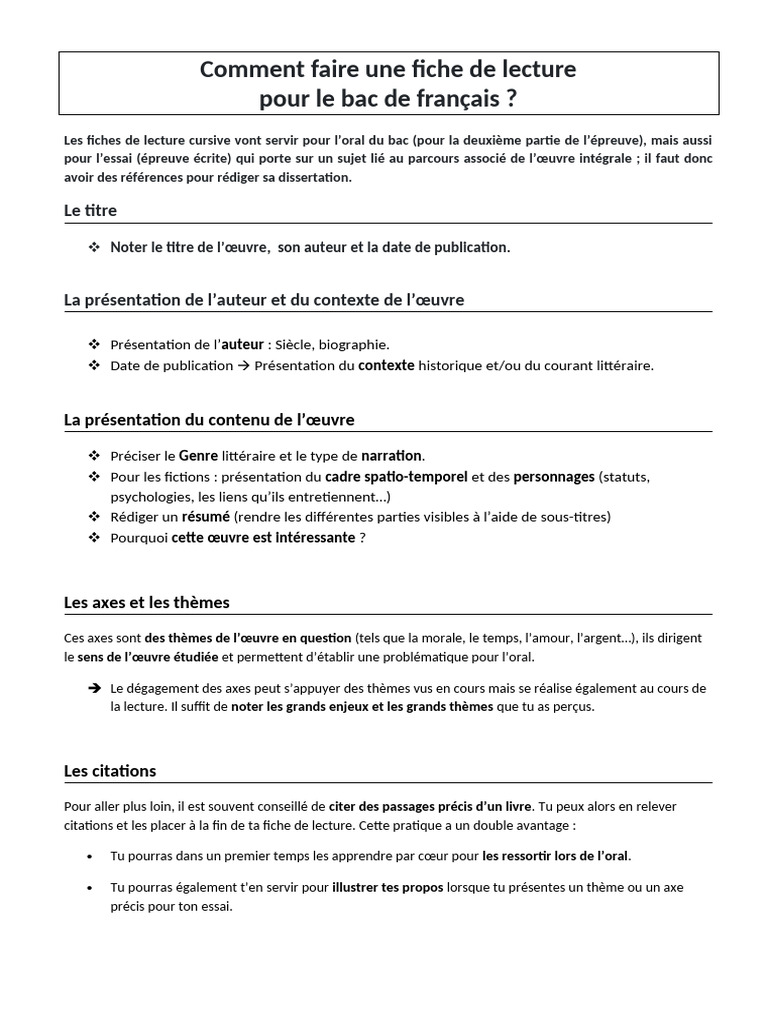 Fiche de lecture pour le bac de français PDF — free download