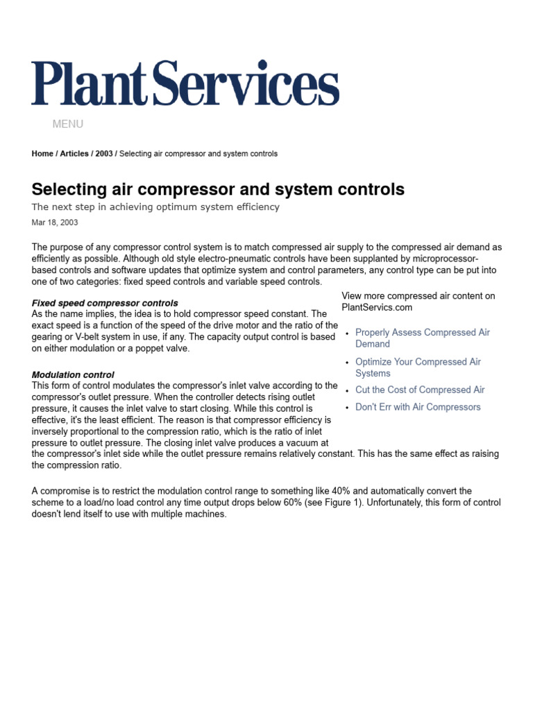 Air Compressor - Selecting Air Compressor and System Controls - Plant ...