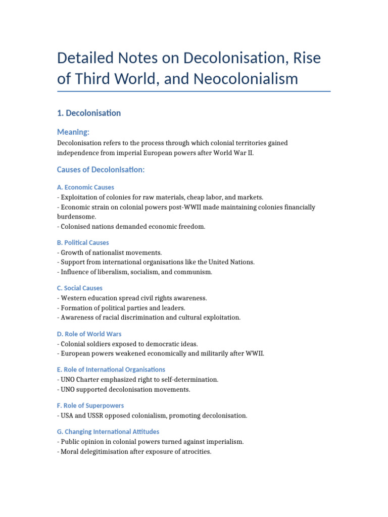 Detailed Notes Decolonisation Thirdworld Neocolonialism Pdf