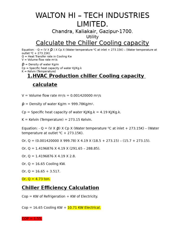 Chiller Cooling Capacity Calculations | PDF | Temperature | Mechanical ...