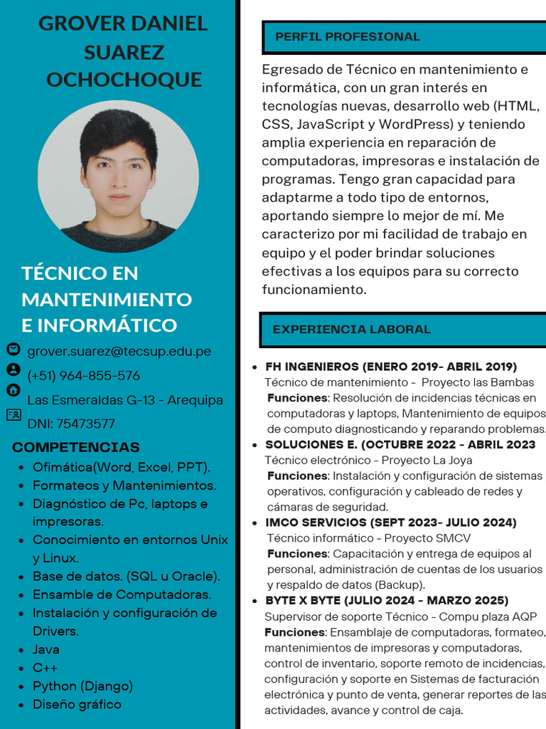 CV Técnico Informático Suarez Ochochoque | PDF | Informática | Software