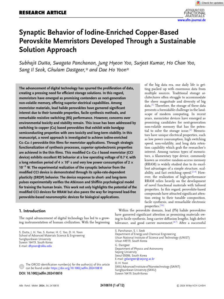 Adv Funct Materials - 2024 - Dutta - Synaptic Behavior of Iodine ...