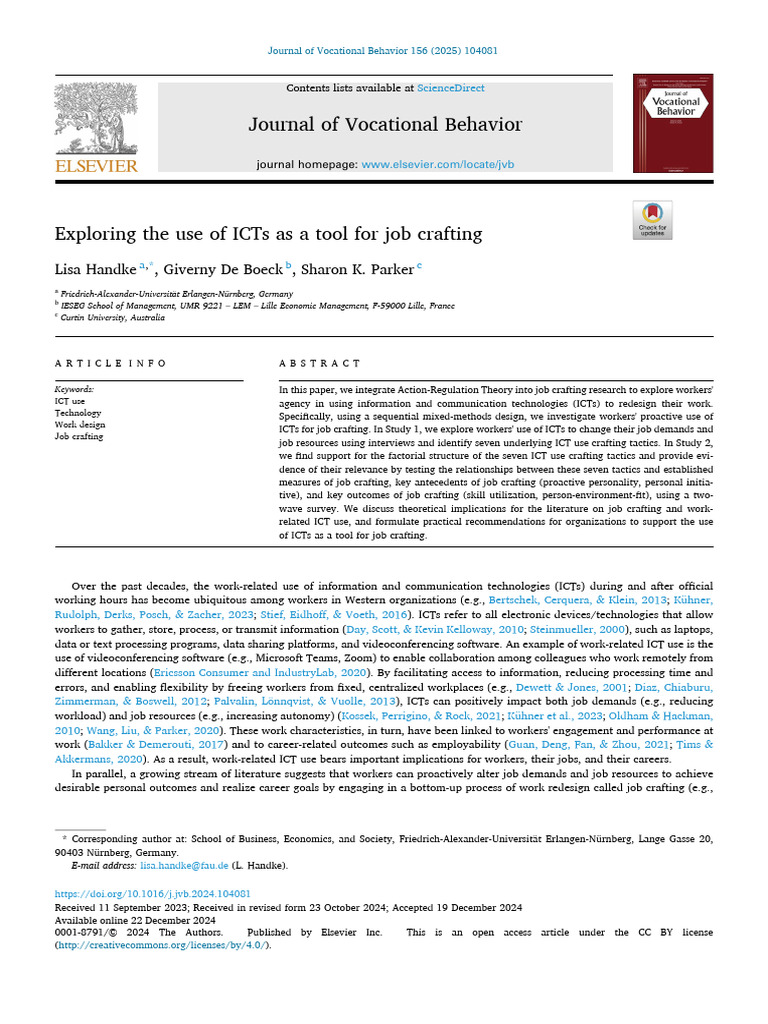 Exploring the use of ICTs as a tool for job crafting | PDF