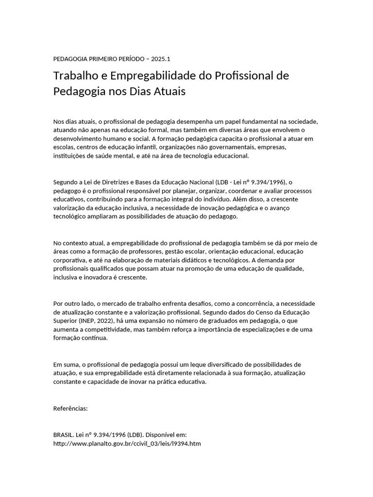 Trabalho e Empregabilidade Do Profissional de Pedagogia Nos Dias Atuais ...