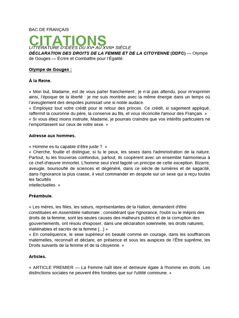 Citations pour le Bac de Français PDF Poésie Droits fondamentaux — free download