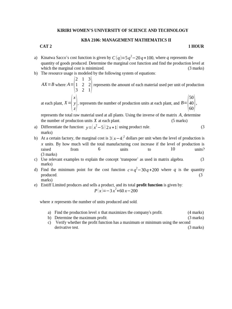 Management Mathematics II: Cost Functions & Optimization | PDF ...