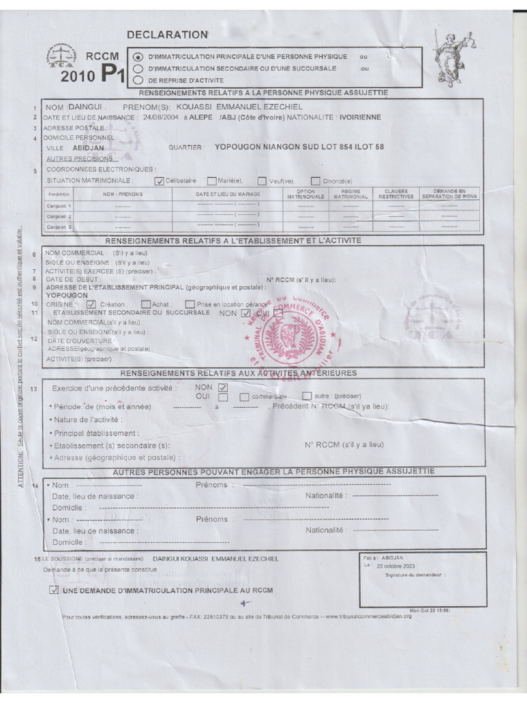 RCCM Daingui Kouassi Emmanuel Ezechiel | PDF