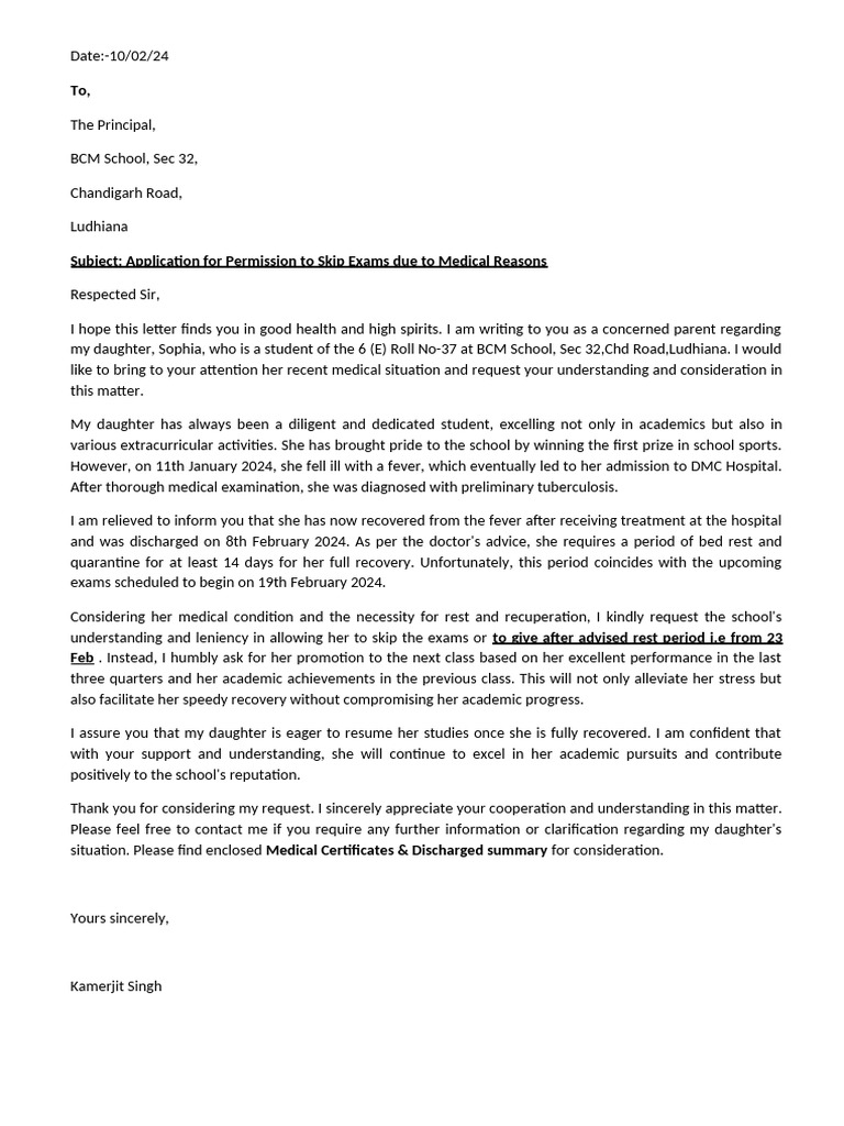 Request to Skip Exams for Medical Reasons | PDF