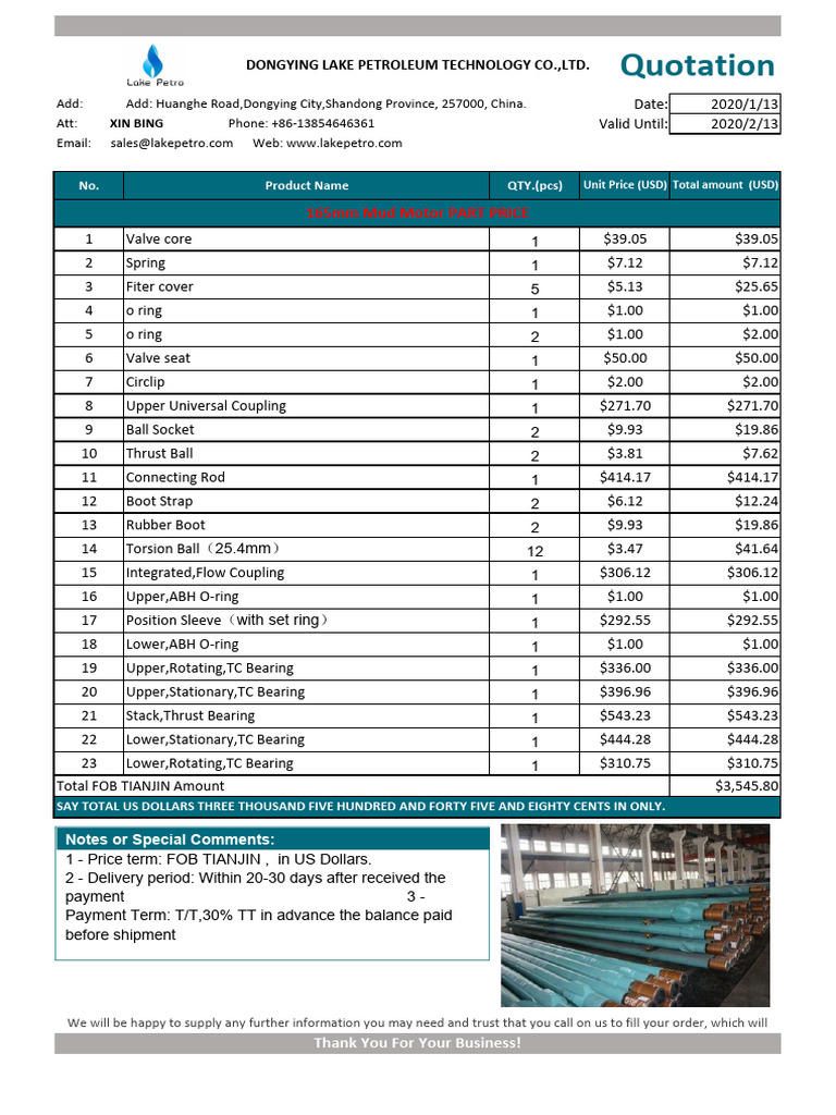 Lake Petro Quotation For 165mm Mud Motor Parts | PDF