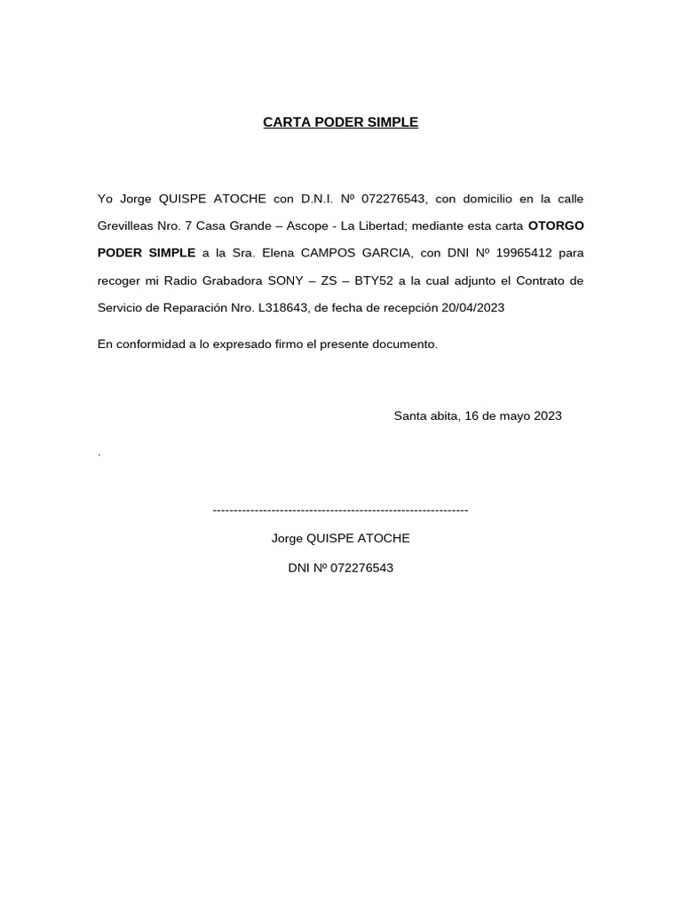 Poder Simple para Recoger Equipo Reparado | PDF
