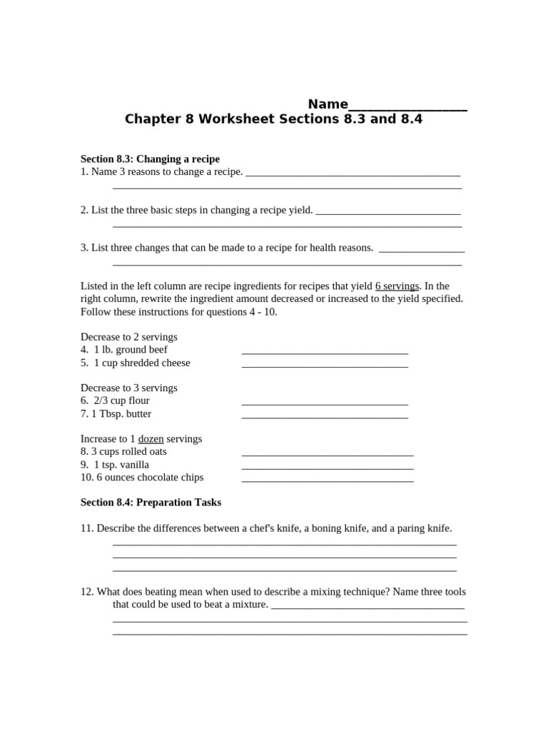 Chapter 8 Worksheet Sections 8.3 and 8.4 | PDF | Recipe | Foods
