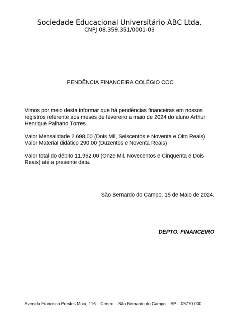 Pendência Financeira Aluno COC 2024 | PDF