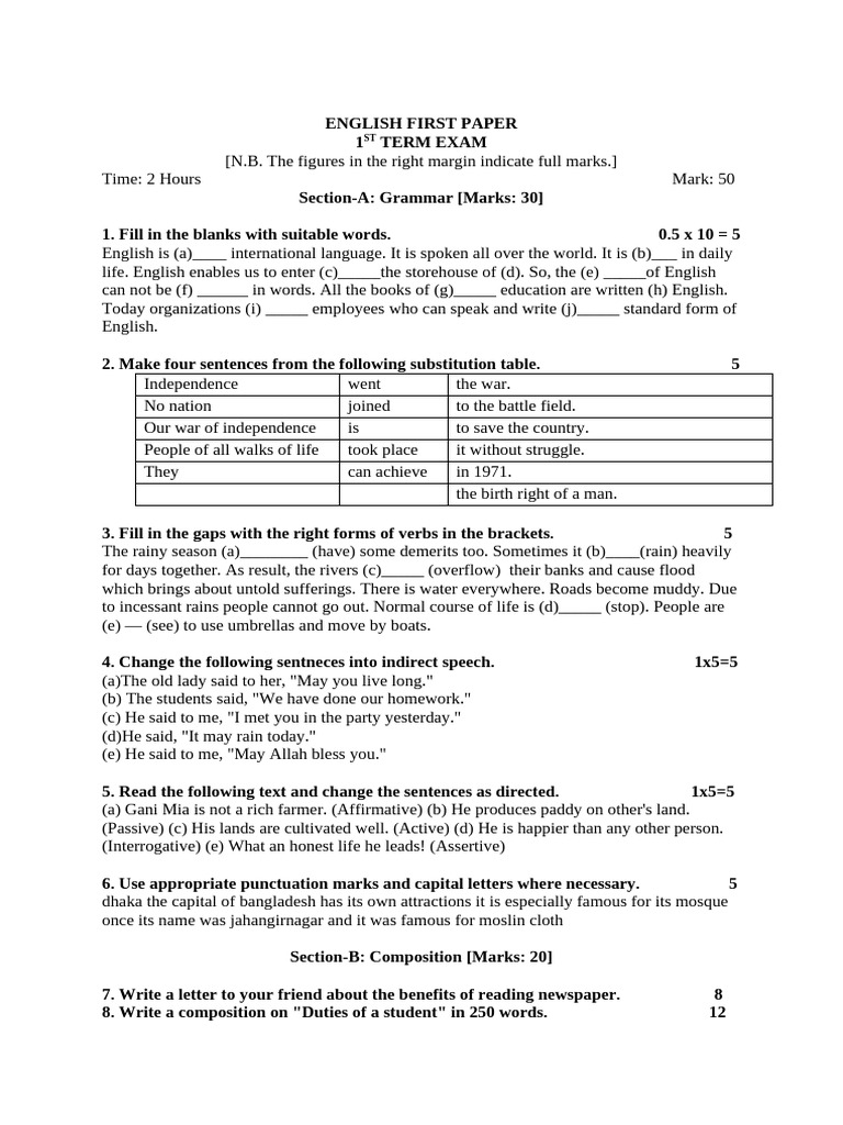 Class 7 English 2nd Paper Exam Guide | PDF | English Language ...