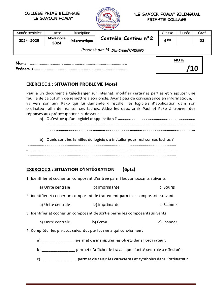 Exercices Corrigés Informatique 6ème à 2nde | PDF | Informatique ...