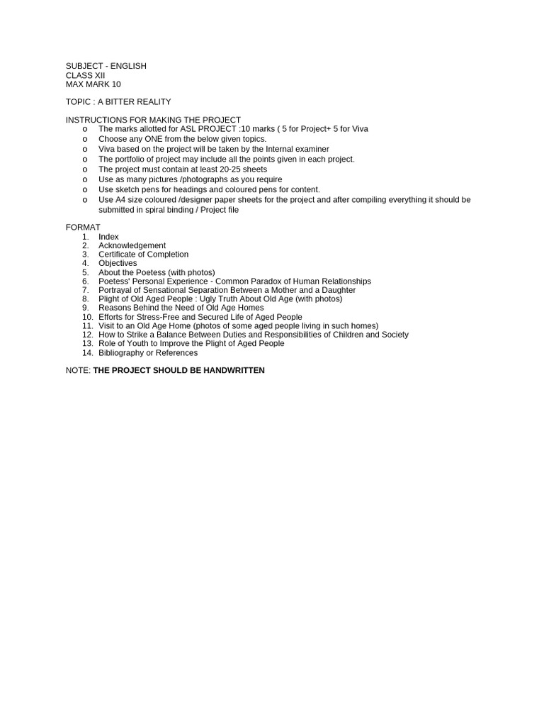 Class XII ASL Project Guidelines | PDF