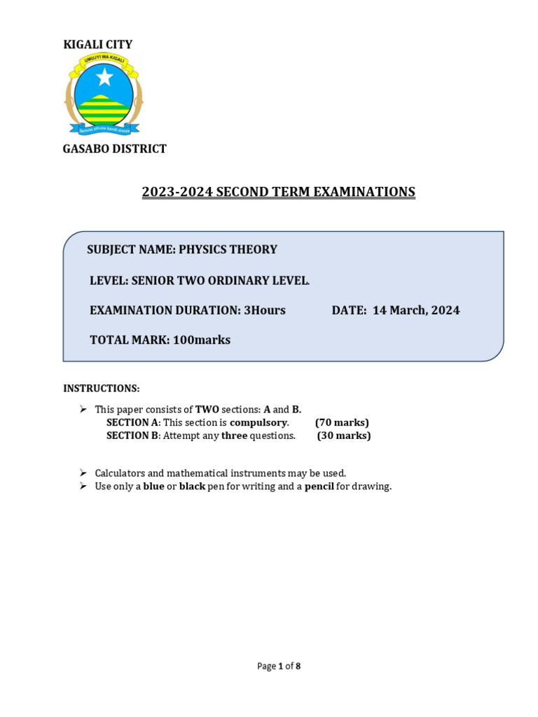 Physics S2 Exam Questions 2024 | PDF | Force | Pressure