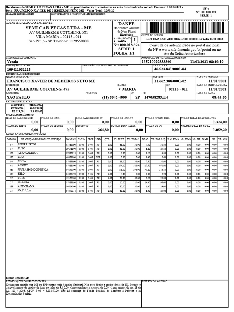 Nota Fiscal Eletrônica - SEMI CAR PEÇAS | PDF | Recibo | Brasil